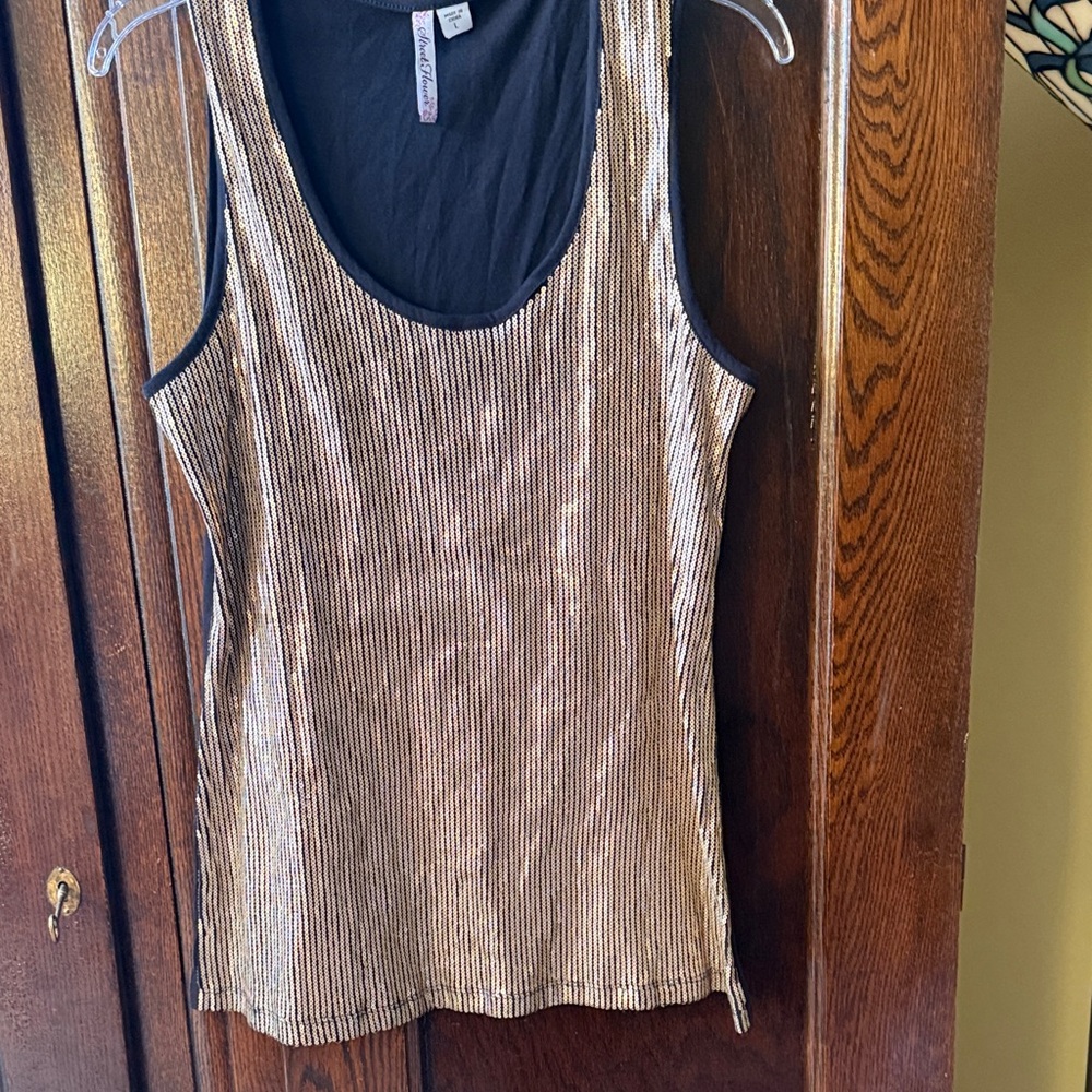 Gold Sequined Front on a Black Tee Tank Top